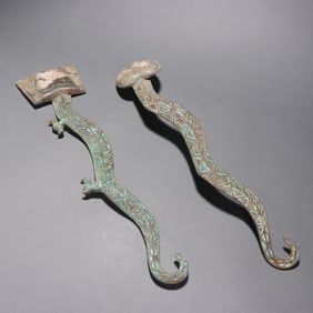 Pair of Chinese Bronze Gold and Silver Inlaid Carved Snake Shape Ornament