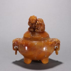 Shoushan Tianhuang Carved Beast Double Lion Ears Incense Burner