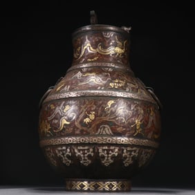 Chinese Bronze Gold and Silver Inlaid Carved Dragon Pattern Zun