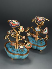Pair of Bronze Cloisonne Carved Flower Pattern Reishi Mushroom Shape Ornament