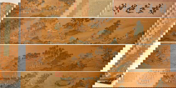 Chinese Drawing Landscape and Character Story Hand Scroll,Ding Guanpeng Mark