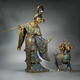 Bronze Cloisonne Carved Flower Pattern Beauty and Deer Shape Figure