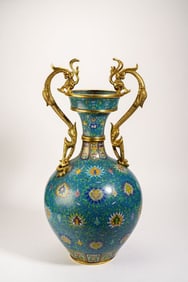 Bronze Cloisonne Carved Flower Pattern Double Dragon Ears Vase