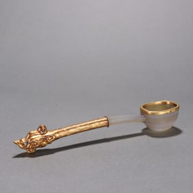 Agate Inlaid Gilt Bronze Carved Dragon Shape Scoop