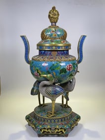 Bronze Cloisonne Carved Lotus Flower Pattern Crane Shape Incense Burner