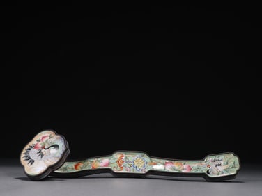 Bronze Enamel Blue Base Carved Crane and Peach Pattern RuYi Ornament