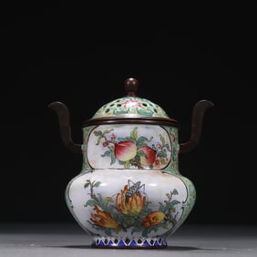 Bronze Enamel Blue Base Carved Peach and Buddha Hand Fruit Pattern Incense Burner