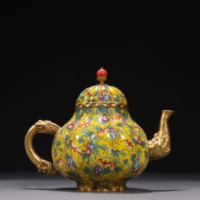 Bronze Enamel Blue Base Carved Bat and Gourd Pattern Teapot