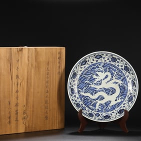 Blue and White Flower and Dragon Pattern Porcelain Plate