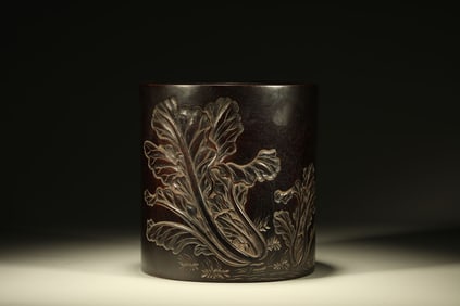 Red Sandalwood Carved Flower and Poetry Pattern Brush Pot