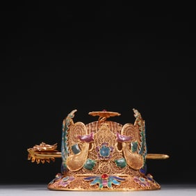 Gilt Silver Inlaid Gem Stone Blue Enameled Carved Flower Pattern Crown