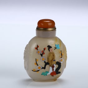 Agate Inlaid Gem Stone Carved Flower and Beauty Pattern Snuff Bottle
