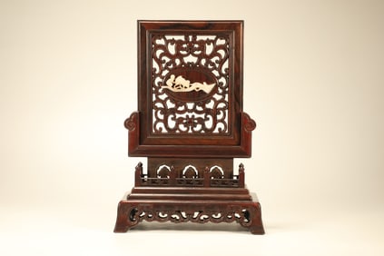 Huanghuali Wood Inlaid Jade Carved Flower Pattern Table Plaque