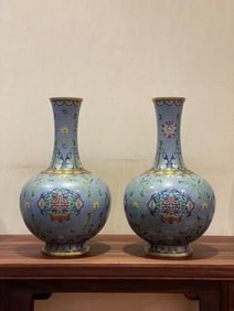 Pair of Bronze Cloisonne Carved Flower and Shou Pattern Vase