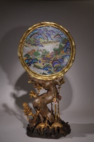 Bronze Cloisonne Carved Landscape Pattern Screen