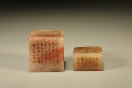 Pair of Shoushan Furong Carved Landscape Pattern Stone Seal