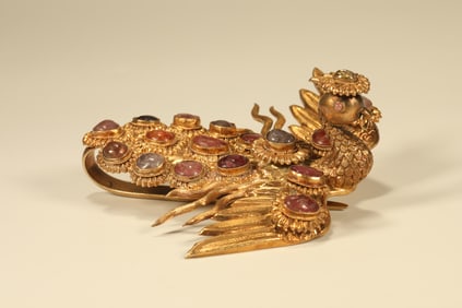 Gilt Silver Inlaid Gem Stone Carved Phoenix Shape Hairpin