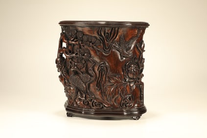 Agarwood Carved Crane and Pine Tree Pattern Brush Pot