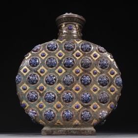 Chinese Bronze Gold and Silver Inlaid Gem Stone Carved Flower Pattern Pot
