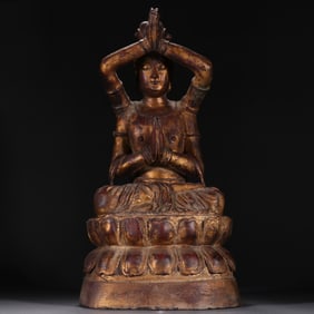 Huanghuali Wood Gold Drawing Carved Four Armed GuanYin Figure