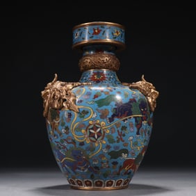 Bronze Cloisonne Carved Flower and Lion Pattern Double Lion Ears Vase