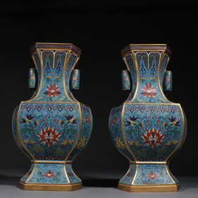 Pair of Bronze Cloisonne Carved Flower Pattern Double Ears Vase