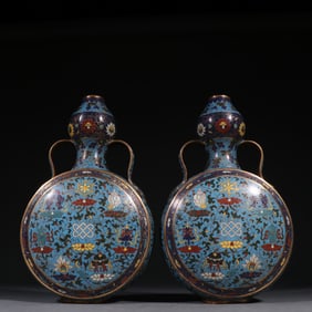 Pair of Bronze Cloisonne Carved Flower and Eight Treasure Pattern Moon Shaped Vase