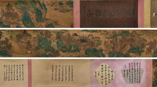 Chinese Drawing Landscape and Character Hand Scroll,Zhao Boju Mark
