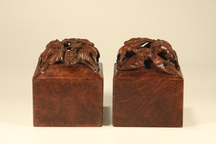 Pair of Huanghuali Wood Carved Bat Stone Seal