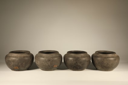 Group of Four Purple Clay Carved Plum Blossom and Orchid & Bamboo & Chrysanthemum Pattern Washer