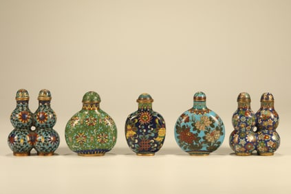 Group of Five Bronze Cloisonne Carved Flower Pattern Snuff Bottle