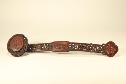 Huanghuali Wood Inlaid Red Sandalwood Carved Bat and Flower Pattern RuYi Ornament