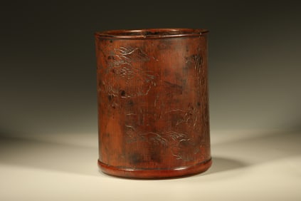 Bamboo Carved Landscape and Character & Poetry Pattern Brush Pot