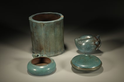 Group of Four Purple Clay Carved Peach Shape Washer and Brush Pot & Lid Box