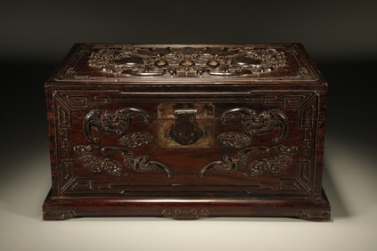 Huanghuali Wood Carved Bat and Cloud Pattern Box