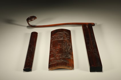 Group of Four Bamboo Carved Landscape Pattern Paper Weight and RuYi Ornament