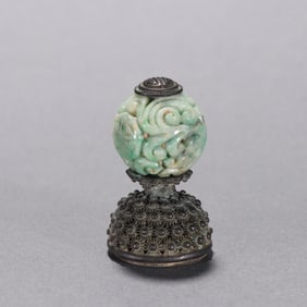 Bronze Inlaid Jadeite Carved Shou Pattern Head Ornament