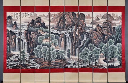 Group of Eight Chinese Drawing Landscape Painting,Li Keran Mark