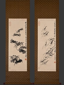 Group of Two Chinese Drawing Shrimp and Crab Painting,Qi Baishi Mark