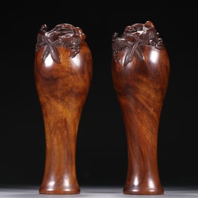Pair of Huanghuali Wood Carved Flower and Bird Pattern Vase