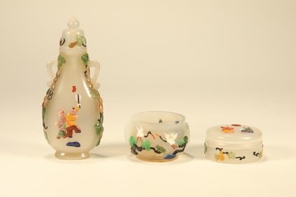 Agate Multi GemStone Inlaid Carved Playing Children and Flower Pattern Vase and Pot & Lid Box
