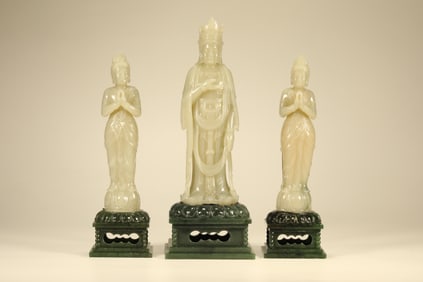 Group of Three Jade Carved Mahasthamaprapta and Amitabha & Avalokitesvara Figure and Jasper Jade