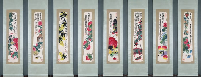 Group of Eight Chinese Drawing Peach Painting,Qi Baishi Mark