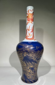 Bright Blue Glazed Gold Drawing Dragon and Landscape Pattern Porcelain Zun