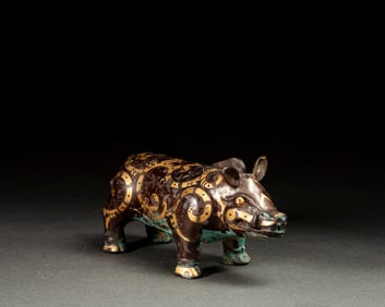 Bronze Gold and Silver Inlaid Carved Pig Shape Ornament