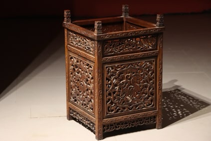 Huanghuali Wood Carved Flower and Dragon Pattern Pot