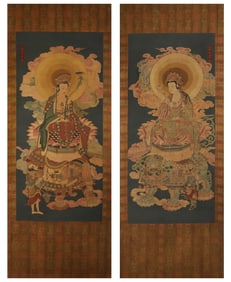 Pair of Silk Embroidery Carved GuanYin Pattern Tangka