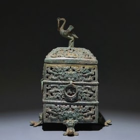Chinese Bronze Carved Beast Face Pattern Incense Burner and Bird Shape Lid