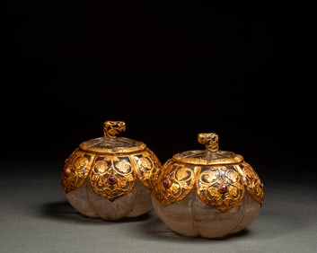 Pair of White Crystal Inlaid Gilt Bronze Carved Flower Pattern Lid Pot