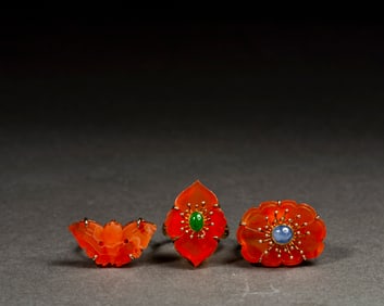 Group of Three Agate Carved Flower and Bat Shape Ring